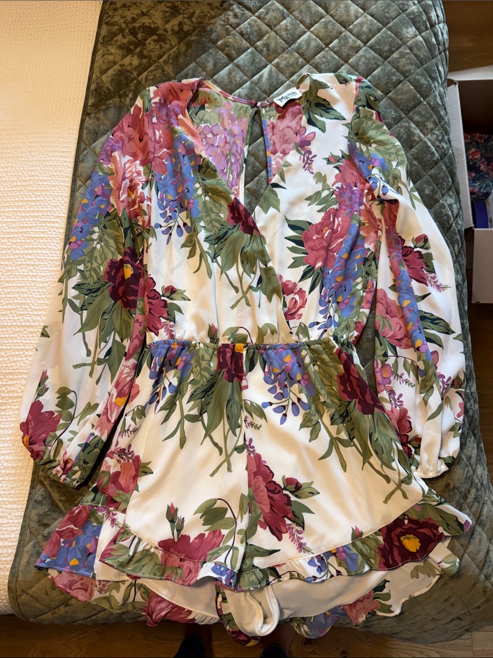 Show Me Your MuMu White Floral Long-Sleeve Romper with Pink, Green & Blue Print